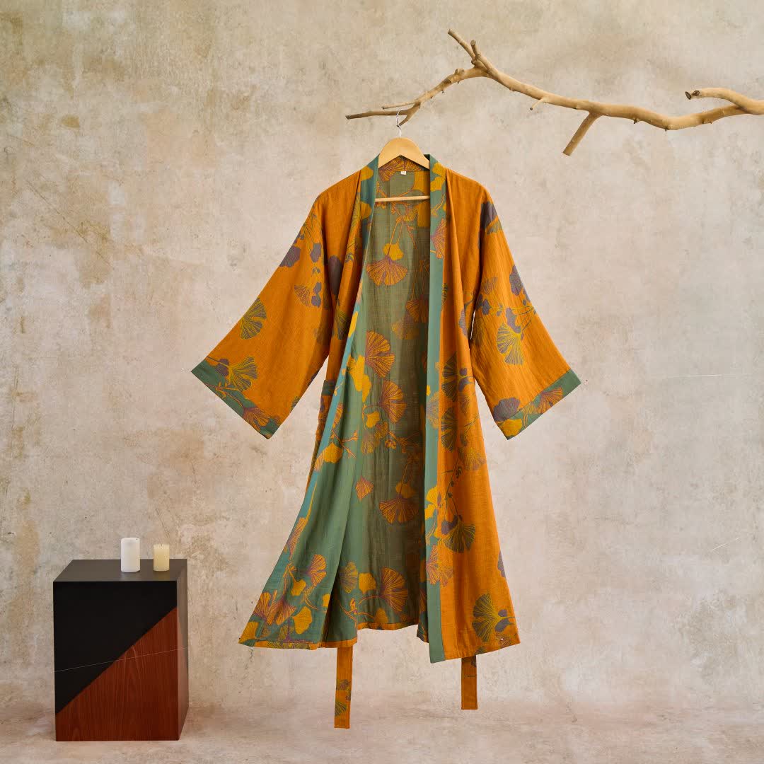 Ownkoti Large Ginkgo Leaf Cotton Kimono Robe - Yellow & Green - XL - image 16