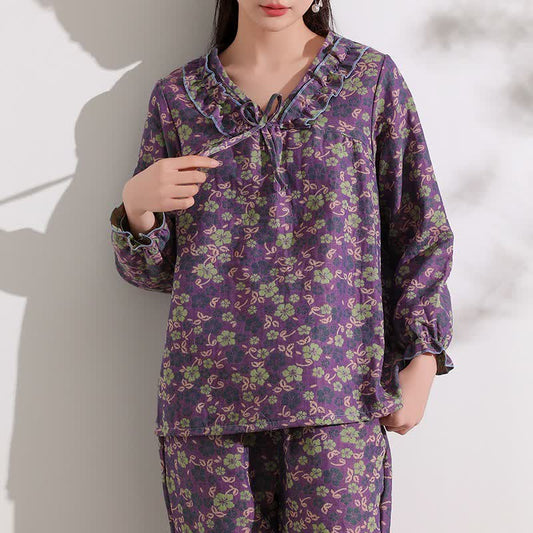 Ownkoti Peach Blossom Jacquard Ruffled Cotton Loungewear - 4XL - image 0