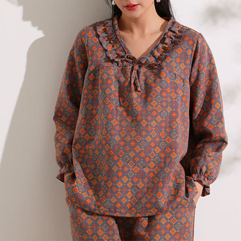 Ownkoti Geometric Jacquard Ruffled Cotton Loungewear Set - image 3