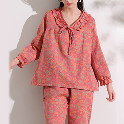 Ownkoti Pink Floral Jacquard Ruffled Cotton Loungewear - 4XL - image 0