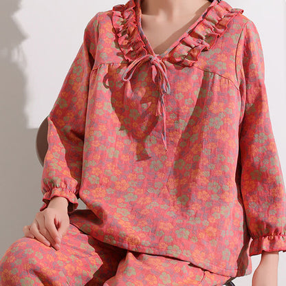 Ownkoti Pink Floral Jacquard Ruffled Cotton Loungewear - image 2