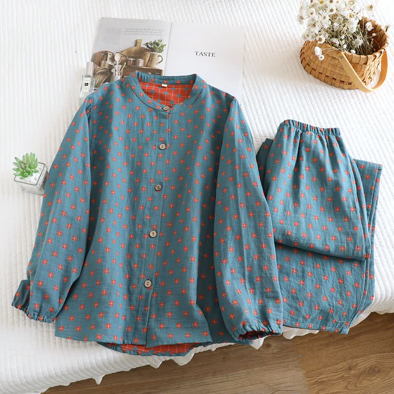 Ownkoti Grid Cotton Gauze Long Sleeves Loungewear - Blue - 2XL - image 2