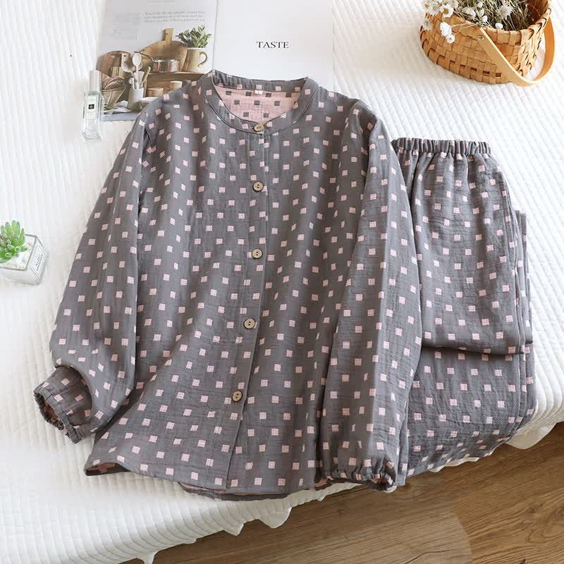 Ownkoti Grid Cotton Gauze Long Sleeves Loungewear - Grey - 2XL - image 4
