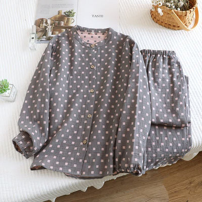 Ownkoti Grid Cotton Gauze Long Sleeves Loungewear - Grey - 2XL - image 4