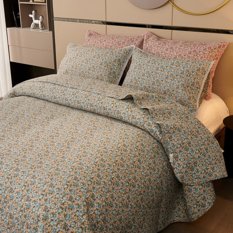 Ownkoti Cotton Ditsy Floral Quilted Bedspread Set(3PCS) - Blue Green - King - image 5