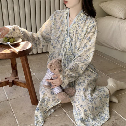 Ownkoti Blue Floral Long Sleeve Ruffled Nightgown - image 3