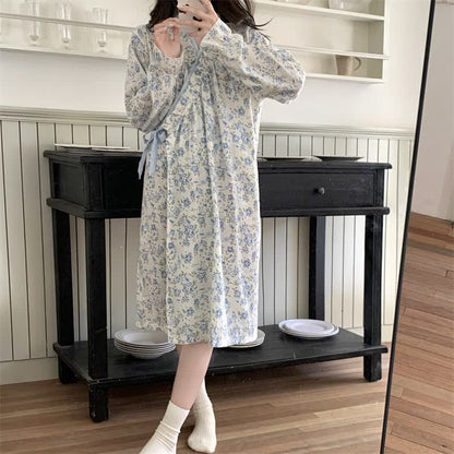 Ownkoti Blue Floral Long Sleeve Ruffled Nightgown - image 1
