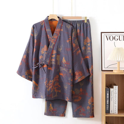 Ownkoti Neutral Landscape Kimono Cotton Pajama Set - Gray Blue - XL - image 14