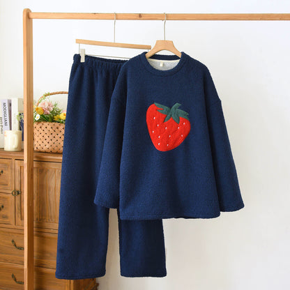Ownkoti Strawberry Print Sherpa Loungewear Set - Navy Blue - XL - image 11