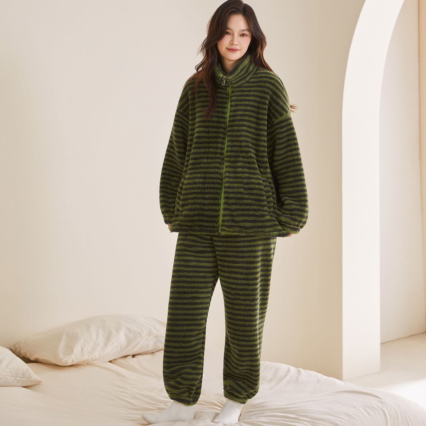 Ownkoti Striped Plush Zip-Up Loungewear Set - Green - XXL - image 3