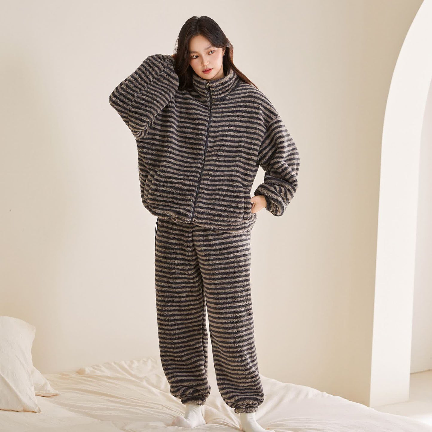 Ownkoti Striped Plush Zip-Up Loungewear Set - Grey - XXL - image 0