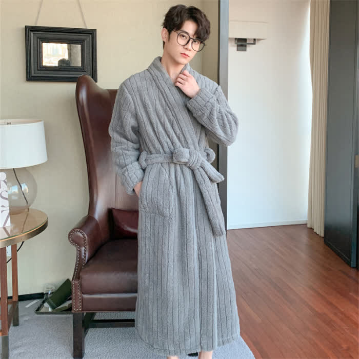 Ownkoti Solid Color Stripe Textured Plush Bathrobe - Gray - Men: XXXL - image 6