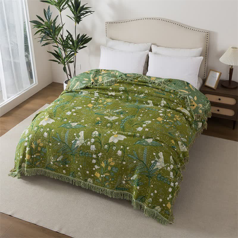 Ownkoti Green Leaf Floral Cotton Tassel Quilt - image 1