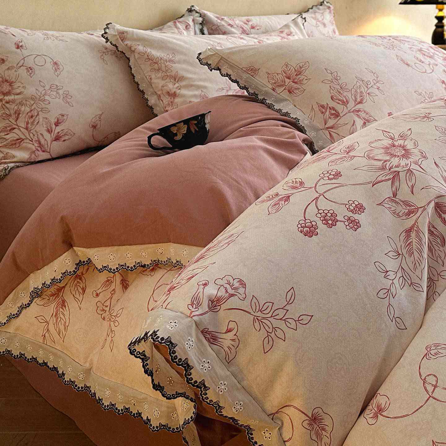 Ownkoti Brushed Cotton Floral Lace Bedding Set - Pink - King - image 1
