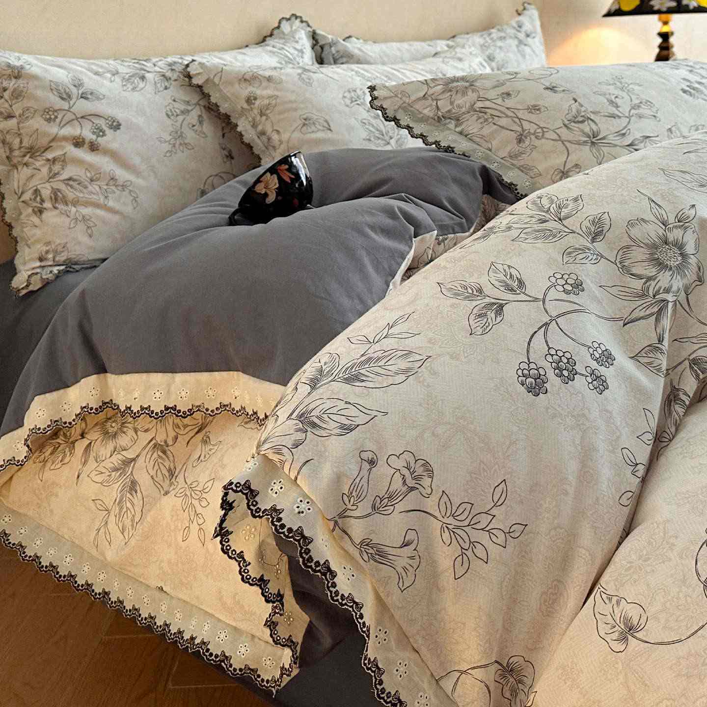 Ownkoti Brushed Cotton Floral Lace Bedding Set - Gray - King - image 0