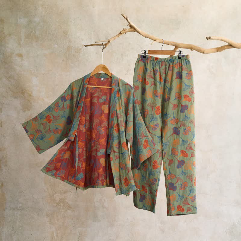 Ownkoti Ginkgo Cotton Gauze Kimono Pajama Set - Green & Wine - XL - image 10