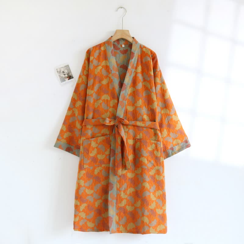 Ownkoti Orange Ginkgo Leaf Cotton Kimono Robe - image 2