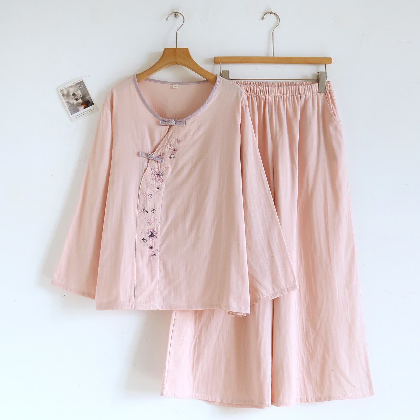 Ownkoti Oriental Style Floral Embroidered Loungewear Set - Light Pink - XL - image 4