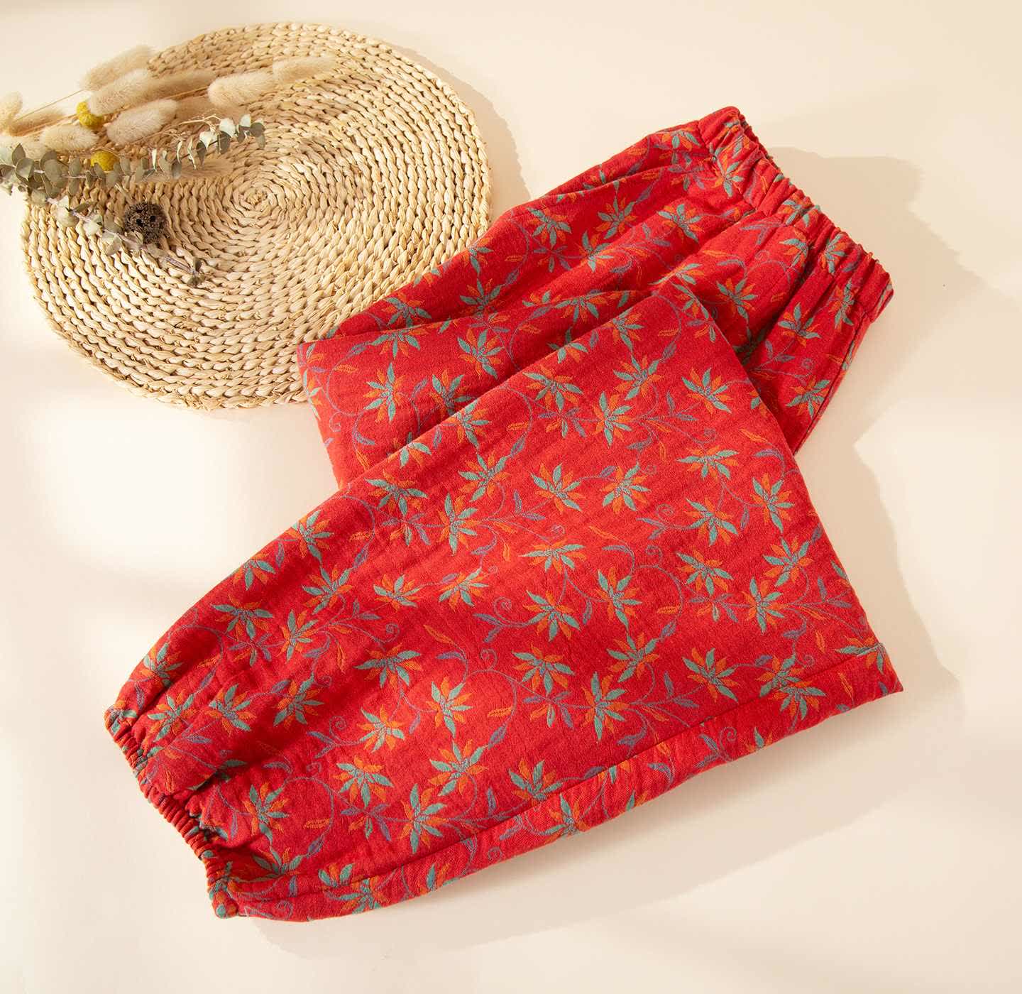 Ownkoti Leaf Inspired Cotton Gauze Pajama Pants - Red - XL - image 0