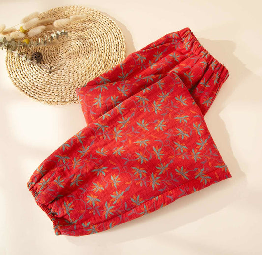 Ownkoti Leaf Inspired Cotton Gauze Pajama Pants - Red - 2XL - image 0