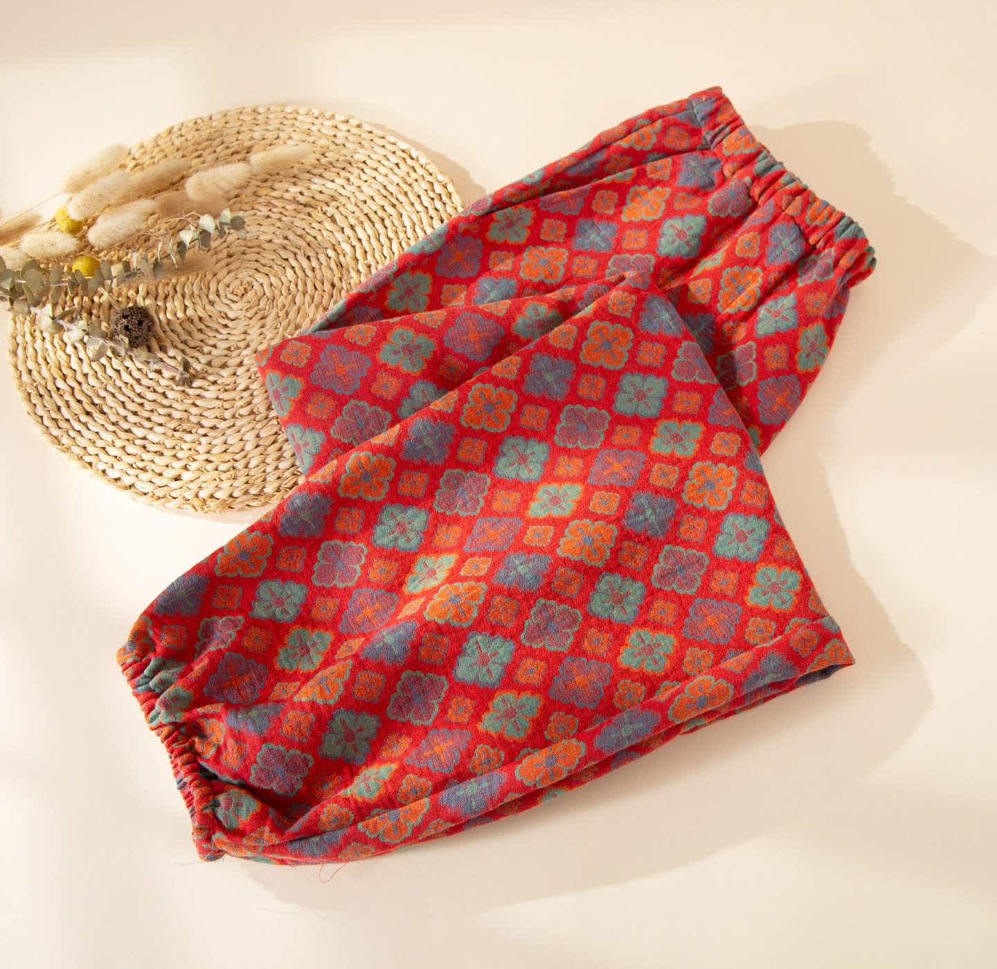 Ownkoti Geometric Pattern Cotton Gauze Pajama Pants - Red - 2XL - image 0