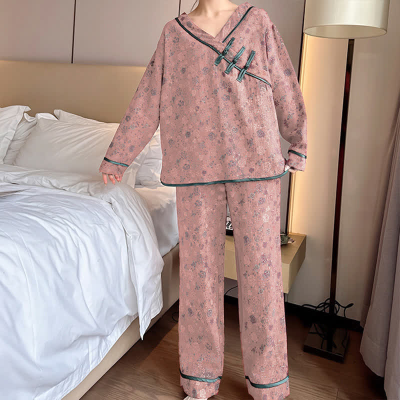 Ownkoti Plus Size Frog Button Rose Cotton Pajama Set - image 8