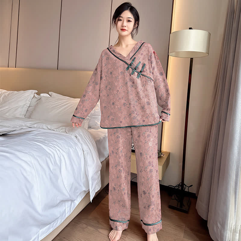 Ownkoti Plus Size Frog Button Rose Cotton Pajama Set - Coral Orange - 3XL - image 7