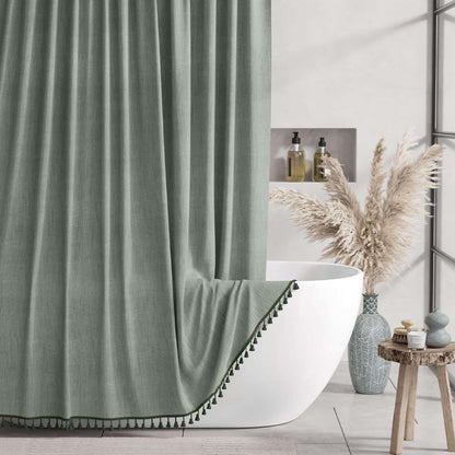 Ownkoti Solid Color Minimalist Tassel Shower Curtain - Green - 72"W x 78"L - image 3