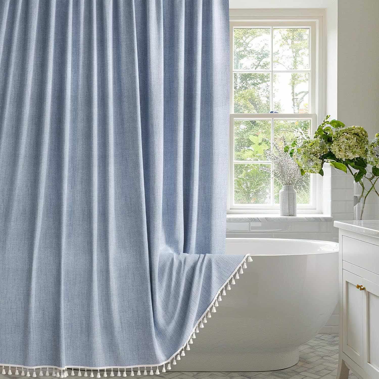 Ownkoti Solid Color Minimalist Tassel Shower Curtain - Blue - 72"W x 78"L - image 2