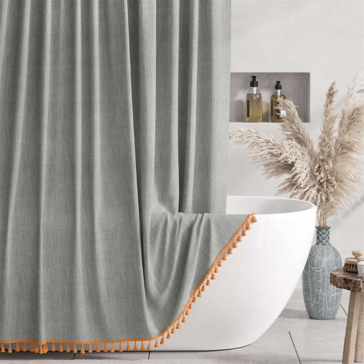 Ownkoti Solid Color Minimalist Tassel Shower Curtain - Gray - 72"W x 78"L - image 4