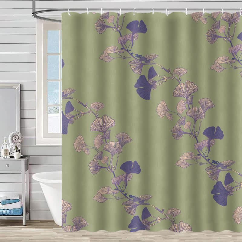 Ownkoti Ginkgo Leaf Print Shower Curtain - Green & Purple - 90"W x 71"L - image 8