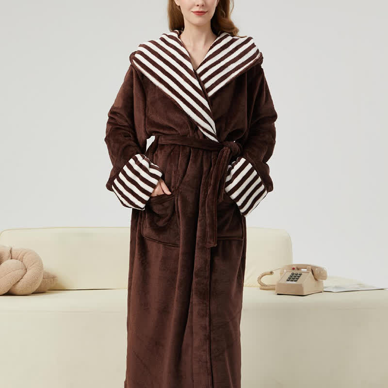 Ownkoti Unisex Striped Collared Hooded Plush Robe - Brown - 2XL - image 2