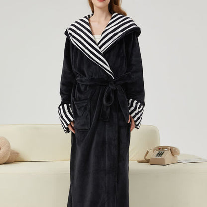 Ownkoti Unisex Striped Collared Hooded Plush Robe - Black - 2XL - image 0
