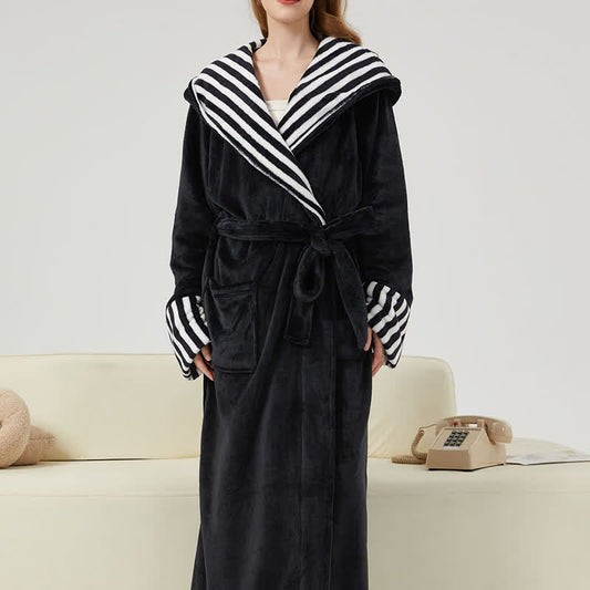 Ownkoti Unisex Striped Collared Hooded Plush Robe - Black - 2XL - image 0