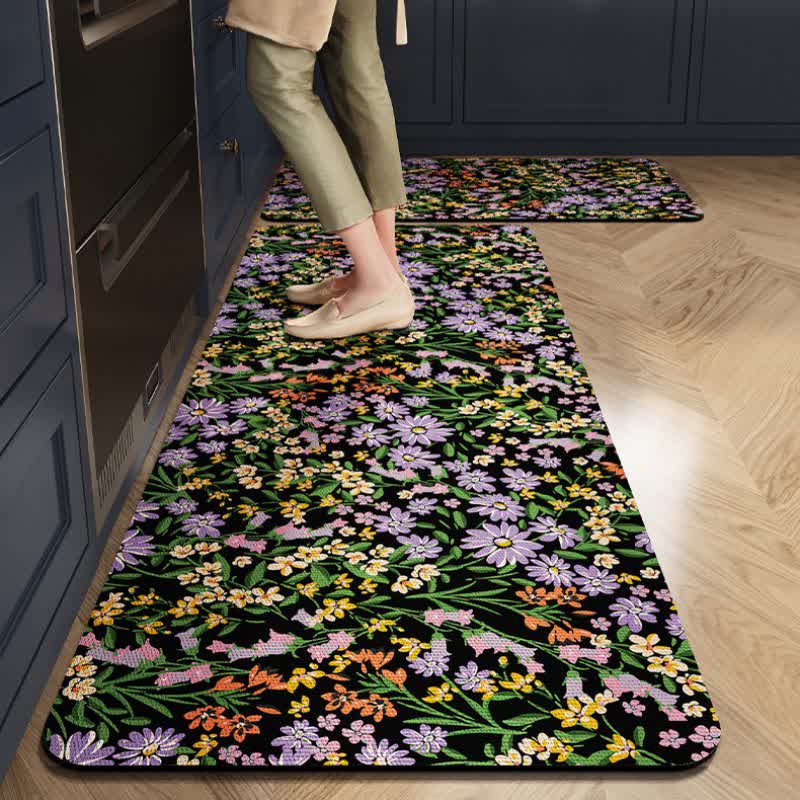 Ownkoti Rustic Daisy Absorbent Kitchen Rug - Black & Purple - 23" x 35"+23" x 79" - image 3