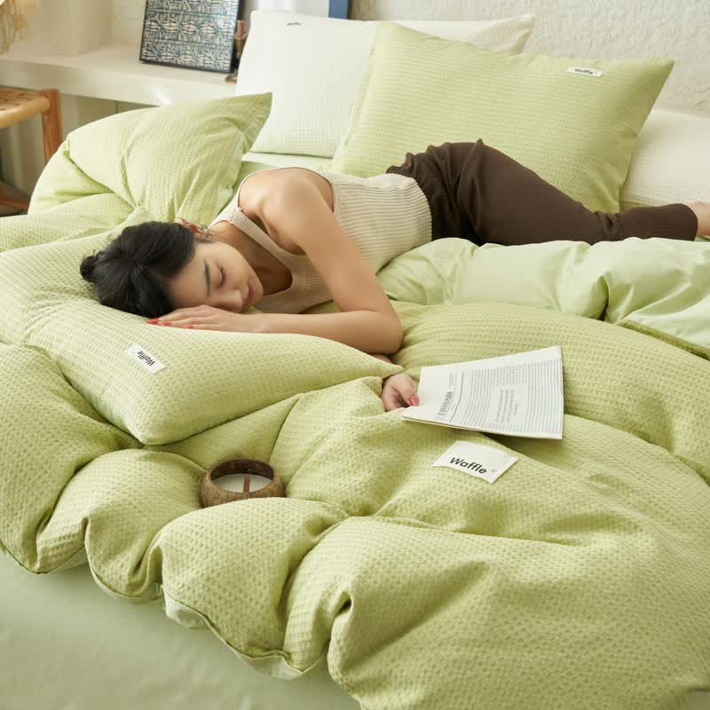 Ownkoti Solid Waffle Weave Cotton Bedding Set - Light Green - King - image 12