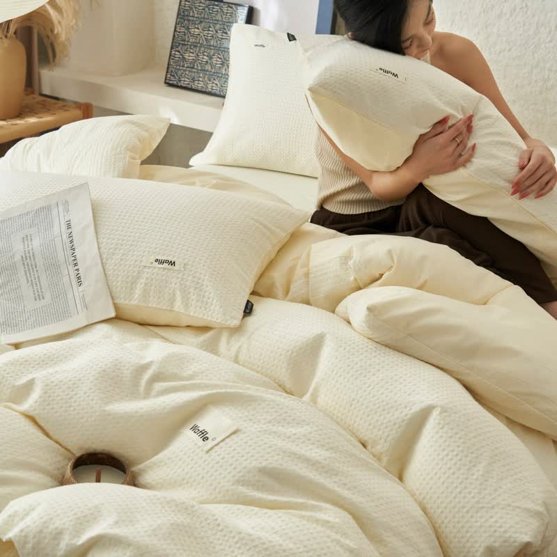 Ownkoti Solid Waffle Weave Cotton Bedding Set - Beige - King - image 17