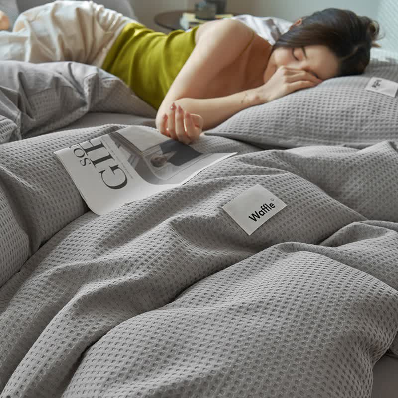 Ownkoti Solid Waffle Weave Cotton Bedding Set - Light Gray - King - image 8