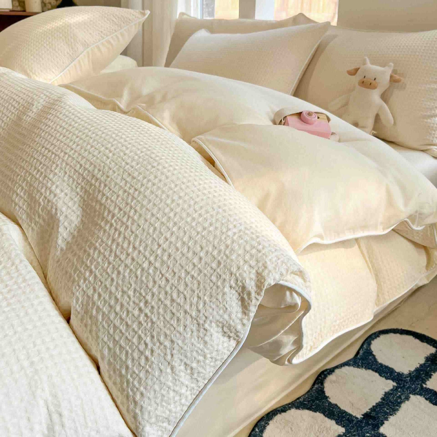 Ownkoti Minimalist Waffle Cotton Bedding Set - Beige - King - image 11