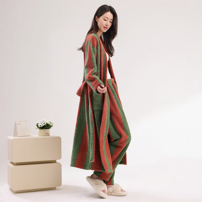 Ownkoti Bold Vertical Stripe Plush Robe - Red - Bathrobe with Pants - 2XL - image 1