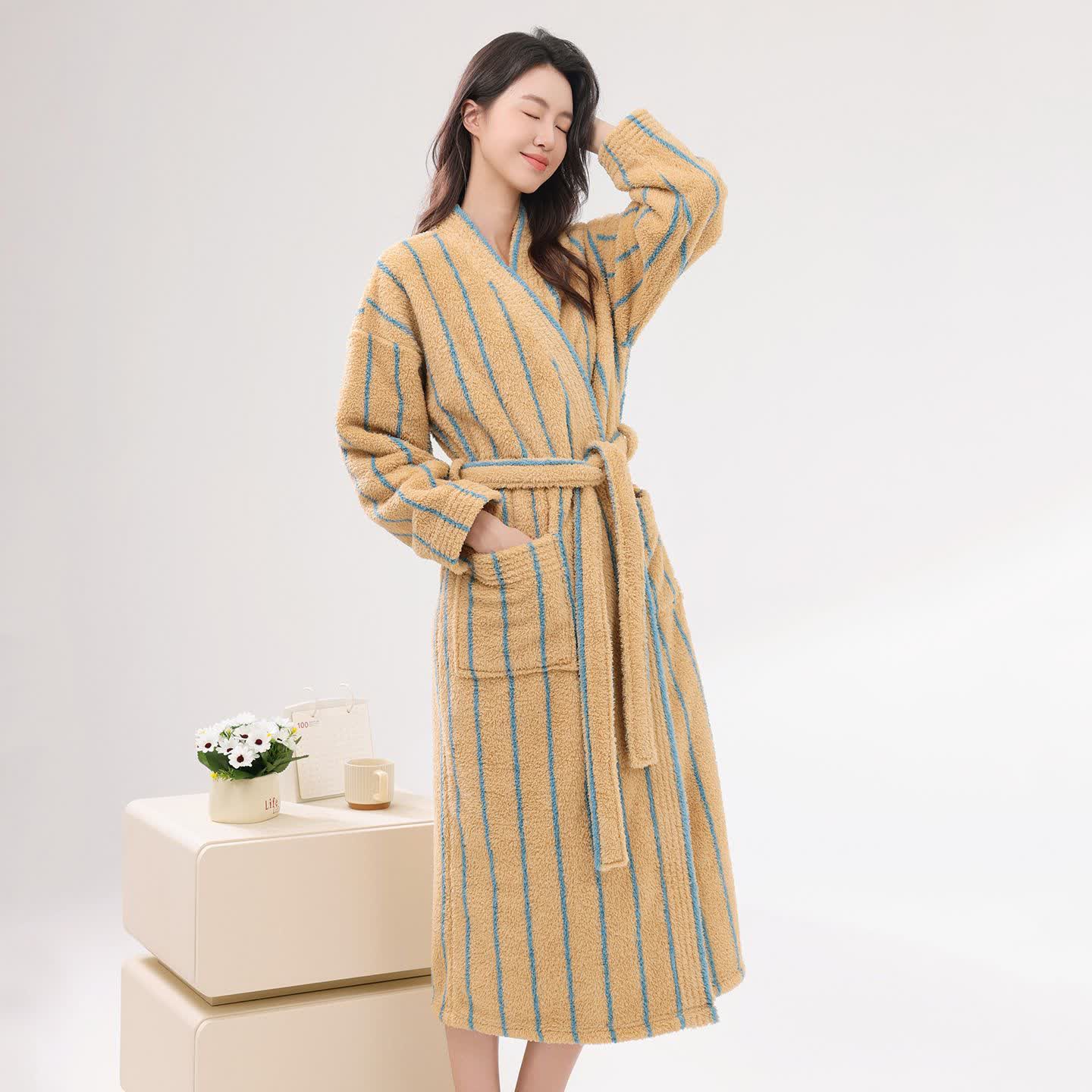 Ownkoti Vertical Stripe Warm Plush Robe - Light Camel - Bathrobe - 2XL - image 2