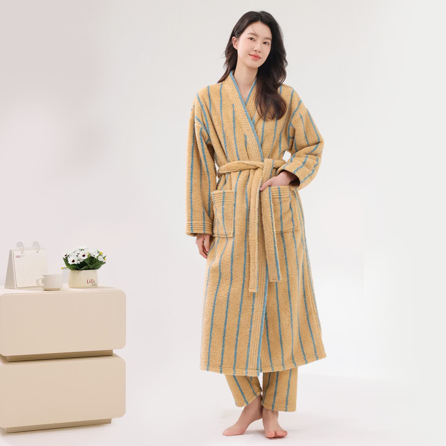 Ownkoti Vertical Stripe Warm Plush Robe - Light Camel - Bathrobe with Pants - 2XL - image 3