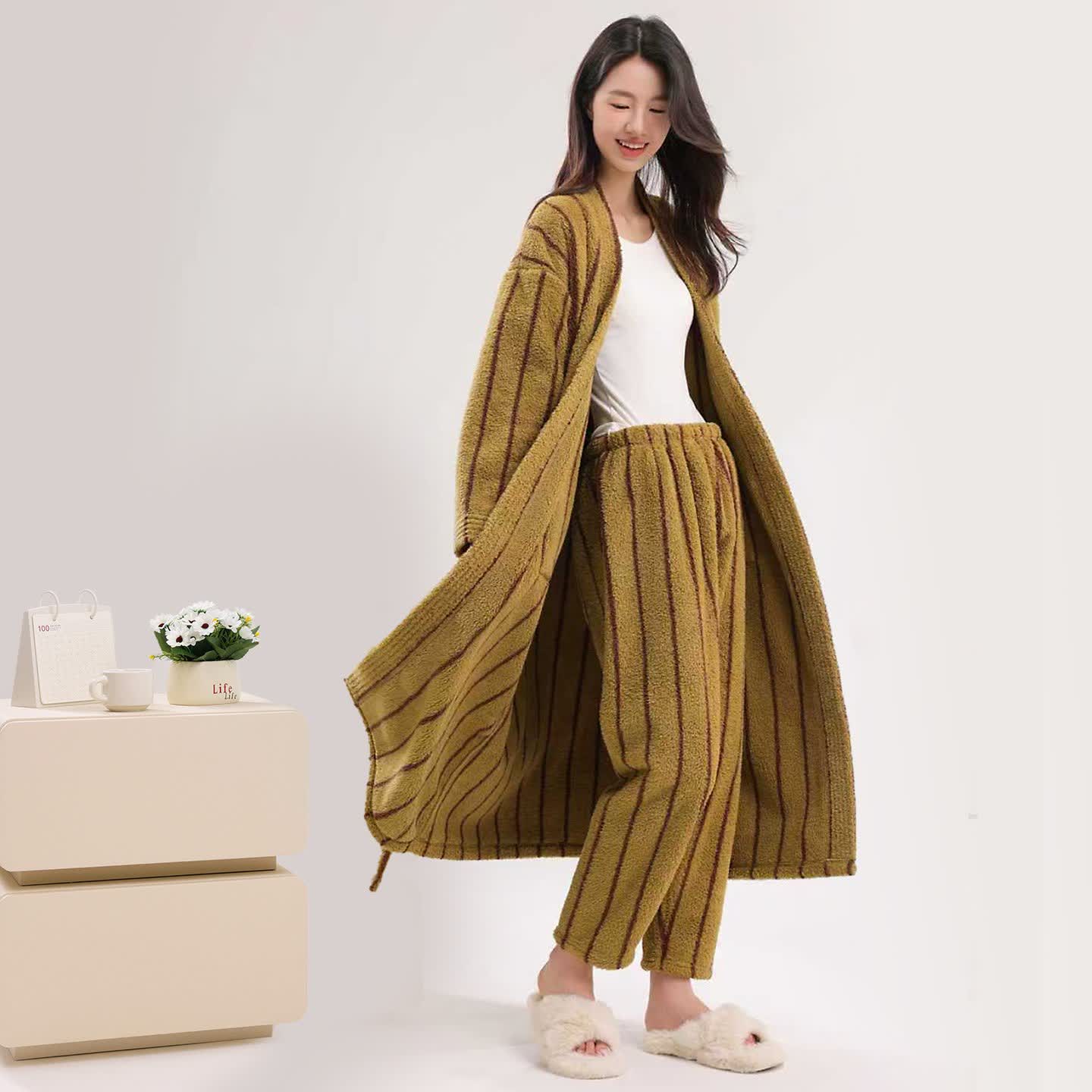 Ownkoti Vertical Stripe Warm Plush Robe - Dark Yellow - Bathrobe with Pants - 2XL - image 1