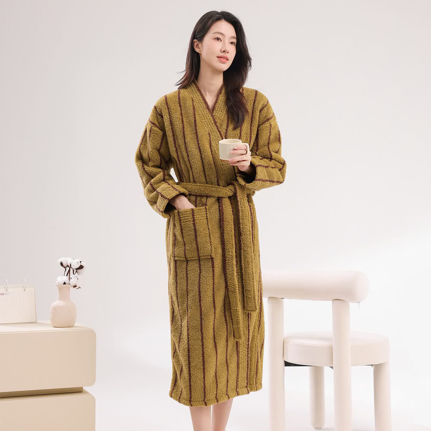 Ownkoti Vertical Stripe Warm Plush Robe - Dark Yellow - Bathrobe - 2XL - image 0