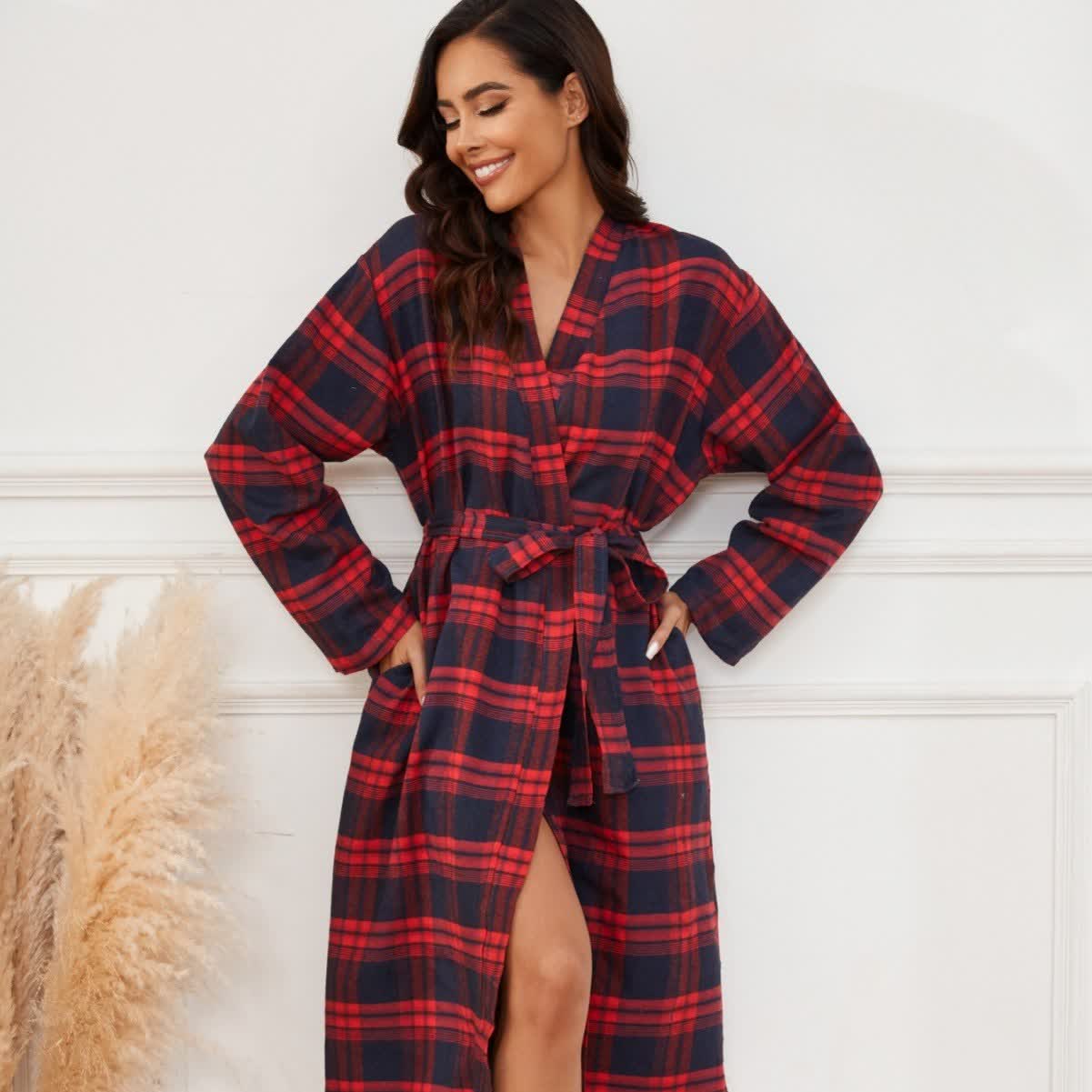 Ownkoti Classic Plaid Brushed Lounge Robe - Red & Black - XL - image 0
