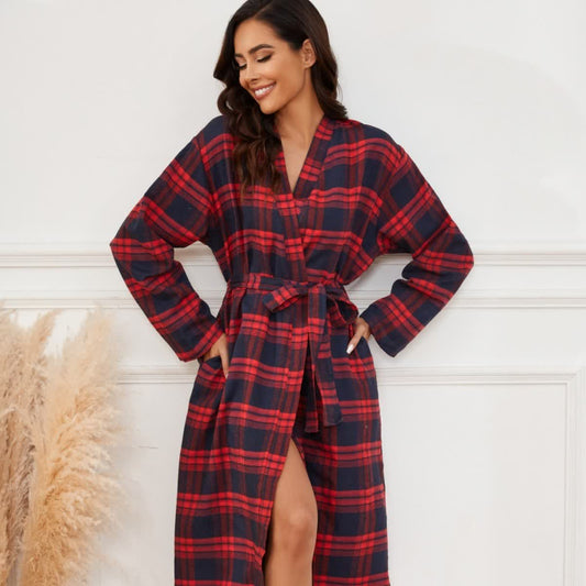 Ownkoti Classic Plaid Brushed Lounge Robe - Red & Black - XL - image 0