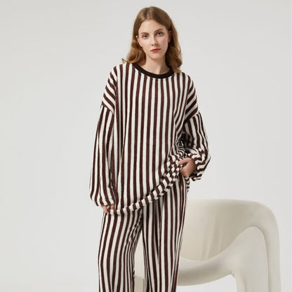 Ownkoti Vertical Striped Plush Loungewear Set - Dark Brown - XL - image 3