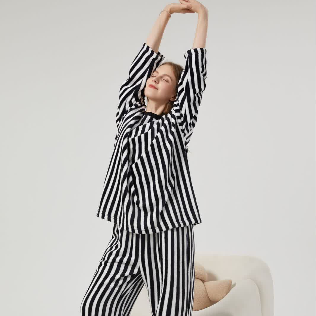 Ownkoti Vertical Striped Plush Loungewear Set - image 2