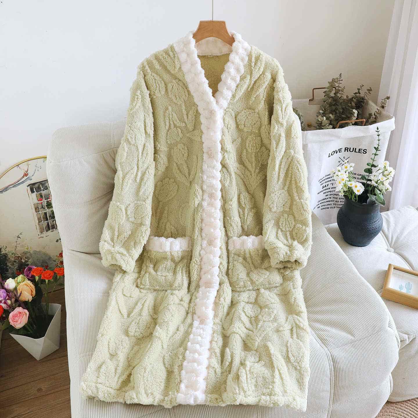 Ownkoti Tulip Textured Plush Button Nightgown - Green - L - image 0