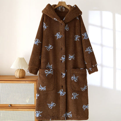 Ownkoti Bow Pattern Plush Hooded Robe - Coffee - L - image 0